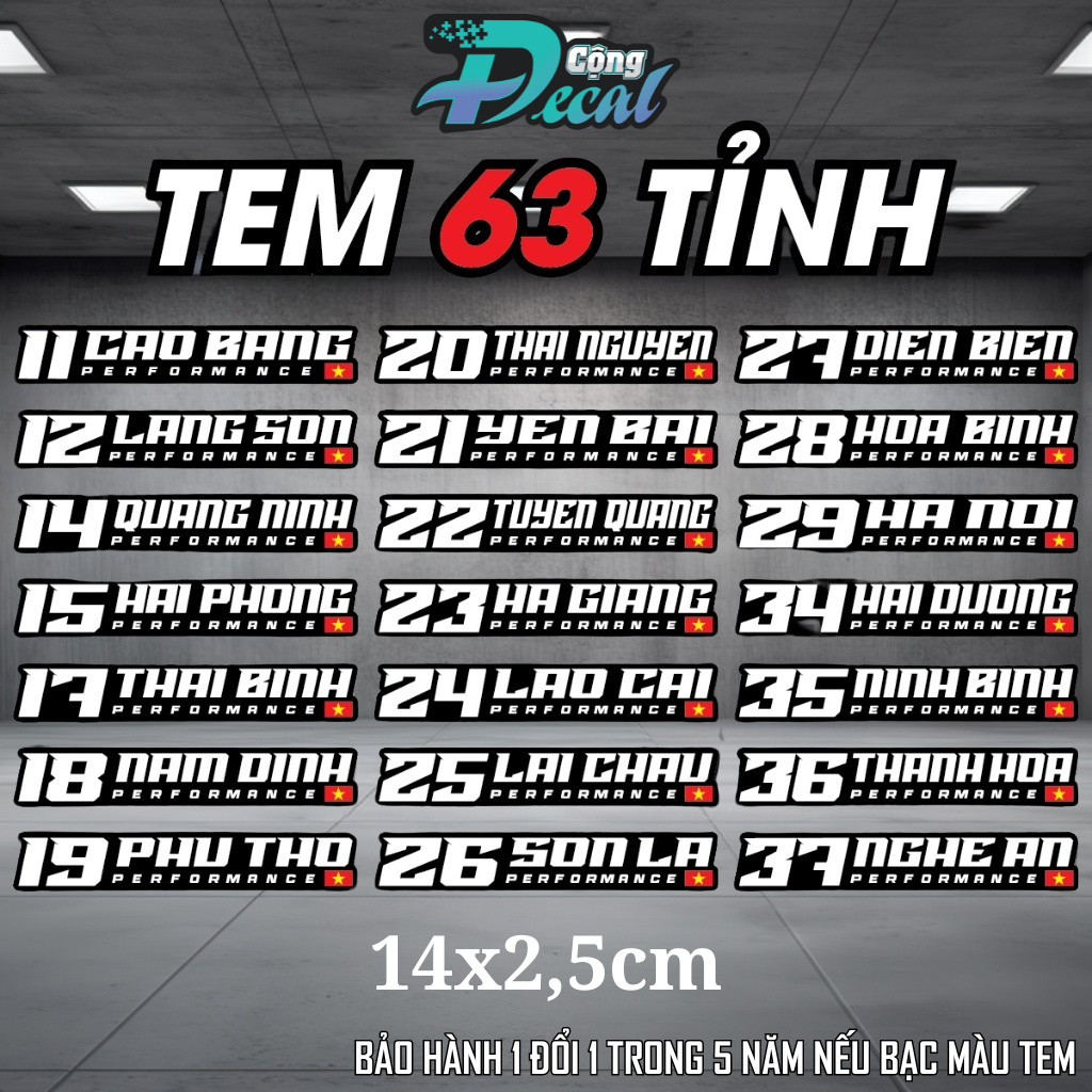 Tem Dán Xe Performance 63 Tỉnh Thành, Tem Tỉnh Thành Việt Nam, Chất Liệu Decal Cao Cấp, Chống Nước - Cộng Decal