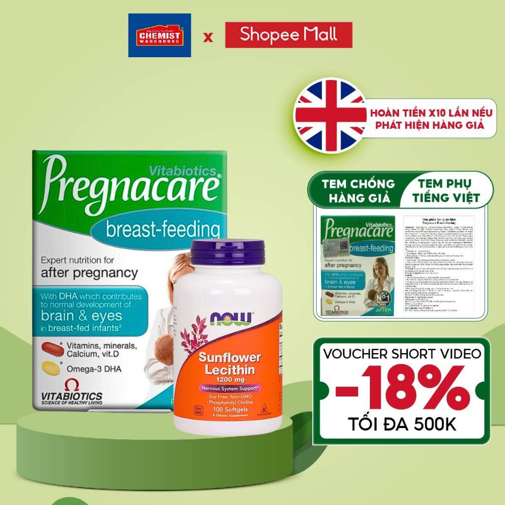 Vitamin tổng hợp sau sinh Pregnacare Breast feeding và Sunflower Lecithin Now chống tắc tia sữa 1200mg và lợi sữa