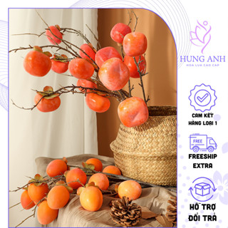 Cành Quả Hồng Giả Dẹt 7 quả 90 cm - Hoa Lụa Hoa Giả Trang Trí Phòng Khách Cắm Hoa Bình Hoa Để Bàn