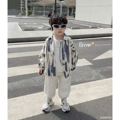 Áo sơ mi Beemo cổ đức hoạ tiết vệt sơn vải denim mặc đi học, đi chơi cho bé trai  9-24kg 4389ADB