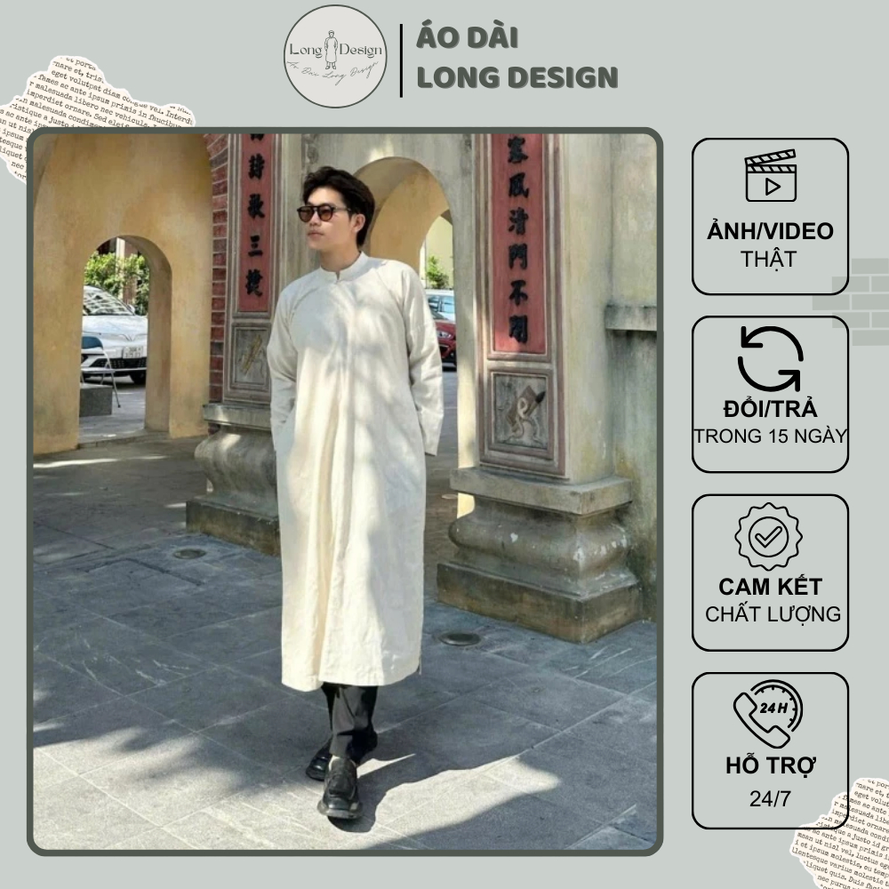 Áo Dài Nam Áo Dài Ngũ Thân Cách Tân Bê Cháp Mặc Tết Vải Linen Kem - Áo Dài Long Design