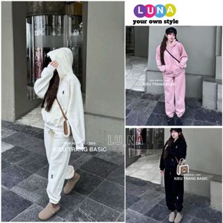Bộ nỉ nữ có mũ chất vải nỉ dày dặn ấm áp, Set đồ nữ trơn áo hoodie và quần bom trẻ tRUNG