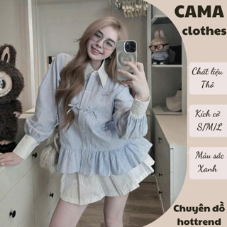  Set đồ nữ áo sơ mi babydoll đính nơ mix chân váy xếp ly Cama Clothes đồ bộ nữ dáng ngắn trẻ trung HCOM3097 