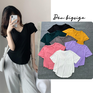 Áo thun bigsize nữ cổ tim tay ngắn vạt bầu có túi 1 bên chất thun lạnh co giãn mát mềm - A51