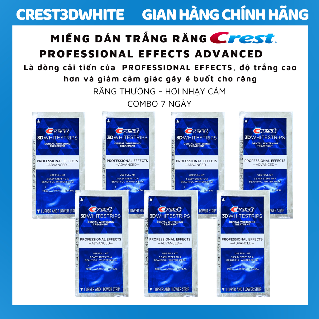 Miếng dán trắng răng Crest Professional Effects Advanced Dòng cải tiến Combo 7 gói