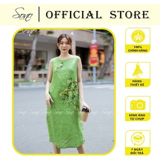 SONO - Đầm chất liệu linen sát nách họa tiết thêu tay hoa chấm vàng trẻ trung