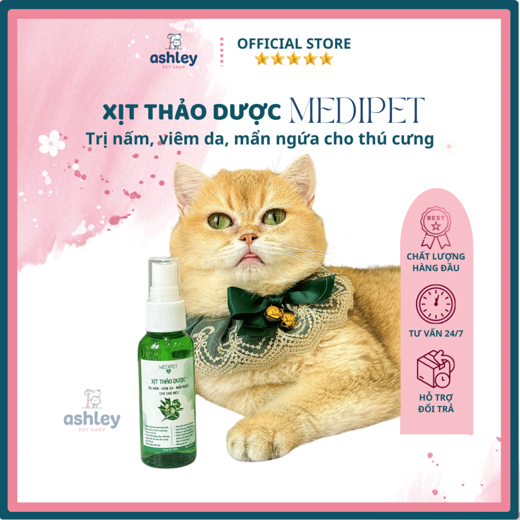 Xịt nấm cho chó mèo từ thảo dược MEDIPET, viêm da, mẩn ngứa cho chó mèo an toàn lành tính