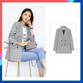 Áo khoác nữ blazer dáng dài vải kẻ trẻ trung năng động áo vest nữ 2 lớp Hàn Quốc chất cao cấp phù hợp đi làm AK57