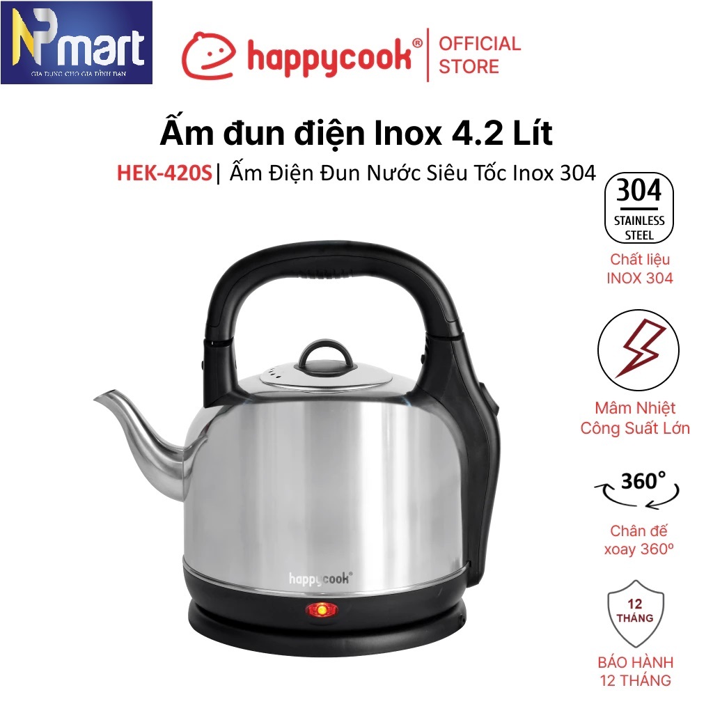 ẤM ĐIỆN ĐUN NƯỚC SIÊU TỐC  HAPPY COOK  INOX 304 DUNG TÍCH 4.2L