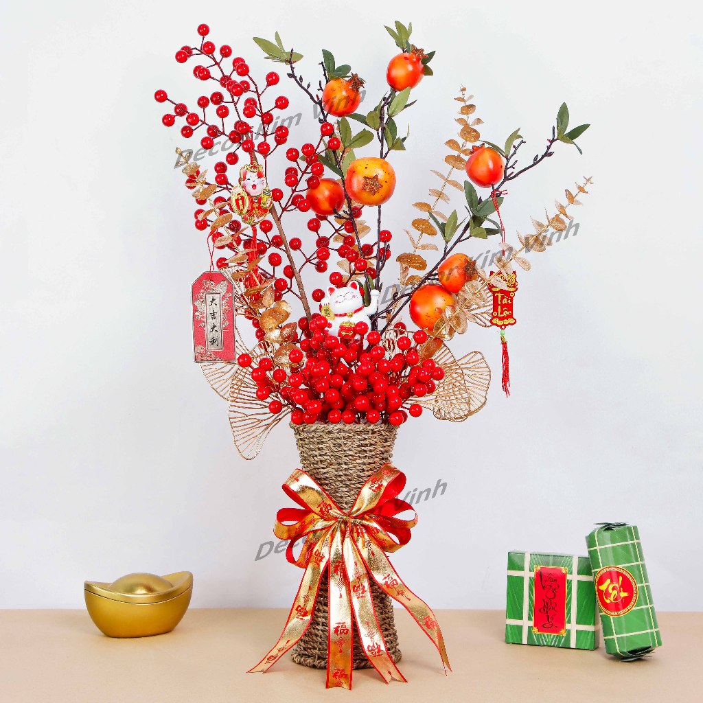 Chậu Hoa Tết Chậu Đào Đông Trang Trí TẾT A16 May Mắn Tài Lộc – Handmade