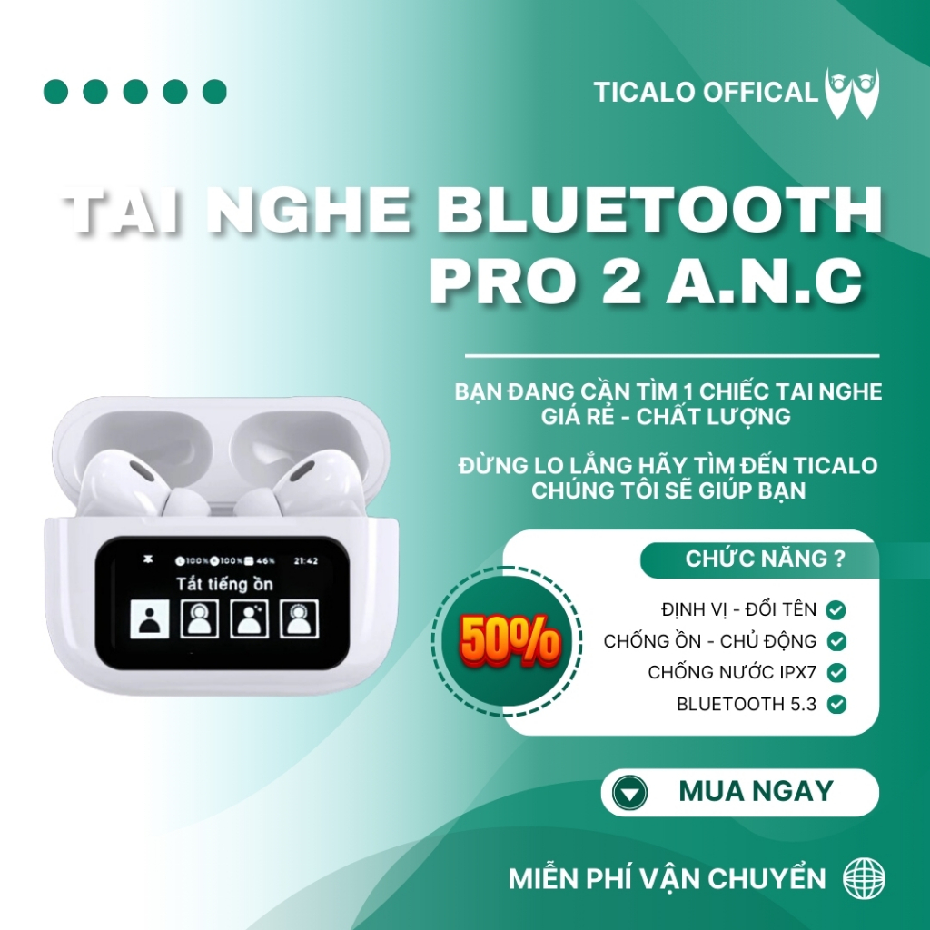 Tai nghe Bluetooth Pro 2 LCD Bass căng chống ồn 35DB xuyên âm thay đổi hình nền - Bảo Hành 2 Năm - TICALO OFFICAL