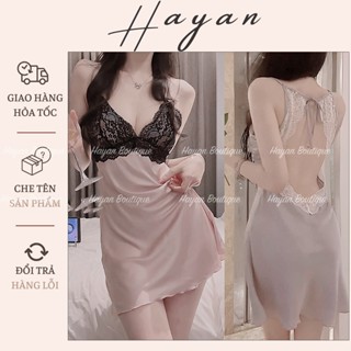 HT136 Váy ngủ sexy phối ren xẻ v1 cổ yếm kèm ĐỆM LÓT, đồ ngủ lụa hở lưng gợi cảm HT136