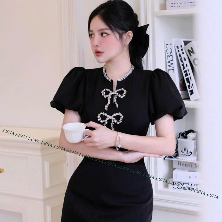 (Có BIGSIZE) Đầm dự tiệc phong cách Hàn Quốc - Váy nữ tiểu thư sang chảnh cutout phơ nơ đá LENA 3125 | BigBuy360 - bigbuy360.vn