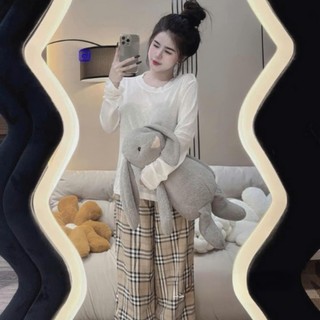 (B002) Bộ thu đông nữ Bắp Bơ Ry, áo thun dài tay TRƠN mix quần kẻ ca rô suông dài