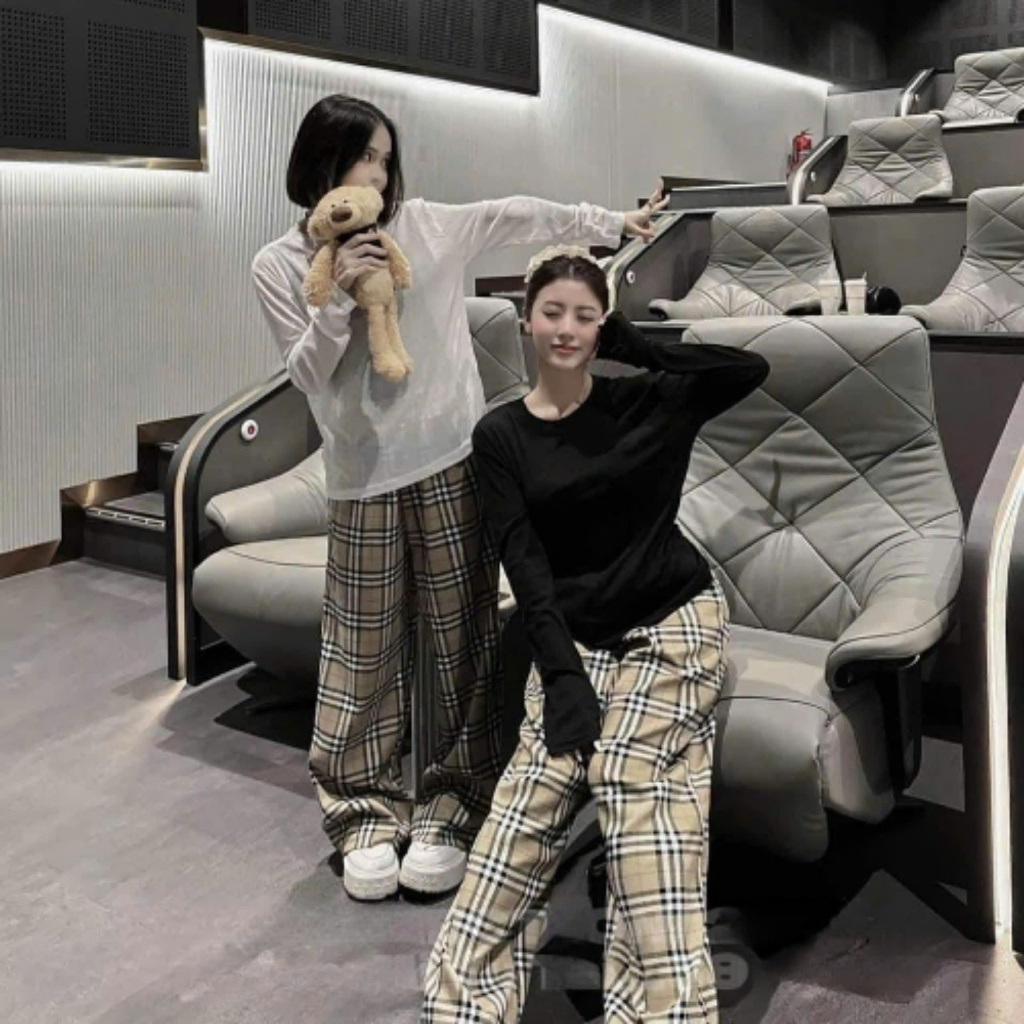 (B002) Bộ thu đông nữ Bắp Bơ Ry, áo thun dài tay TRƠN mix quần kẻ ca rô suông dài