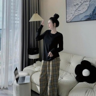 (B002) Bộ thu đông nữ Bắp Bơ Ry, áo thun dài tay TRƠN mix quần kẻ ca rô suông dài