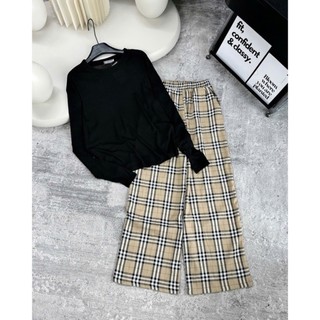 (B002) Bộ thu đông nữ Bắp Bơ Ry, áo thun dài tay TRƠN mix quần kẻ ca rô suông dài