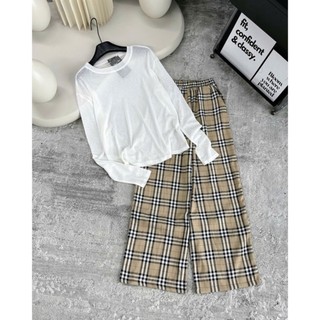 (B002) Bộ thu đông nữ Bắp Bơ Ry, áo thun dài tay TRƠN mix quần kẻ ca rô suông dài