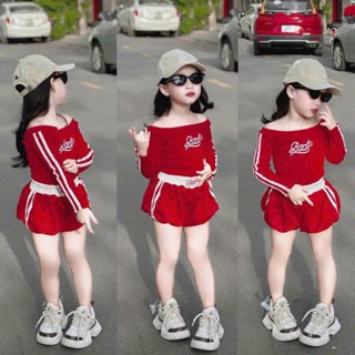 Sét Đồ Bad, Bộ Đồ Mùa Thu Đông, Áo Dài Tay Trễ Vai Quần Bí Ngô 2 Mầu Chất Mềm Mịn Cho Bé Gái Từ 8-35kg