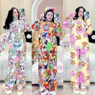 Set đồ bộ ủ kem cổ lọ labubu vải thun gân tăm lạnh áo tay dài xỏ ngón quần có túi, set đồ nữ