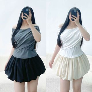 Set Bộ Bigsize nữ 60-95kg chân váy bí ngô vải lụa phối áo thun trễ vai chất borip mềm mịn co giãn - SET920