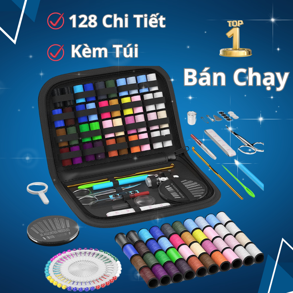 Bộ Kim Chỉ May Vá Cao Cấp 128 Chi Tiết - Set Kim Chỉ Đa Năng Tặng Kèm Túi Đựng