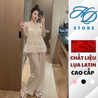   Hoả Tốc HCM  Đồ Bộ Cao Cấp Pijama Nữ Ngủ Áo 2 Dây Lụa Latin Mềm Áo Ngủ Freesize 40-58kg - HD STORE 