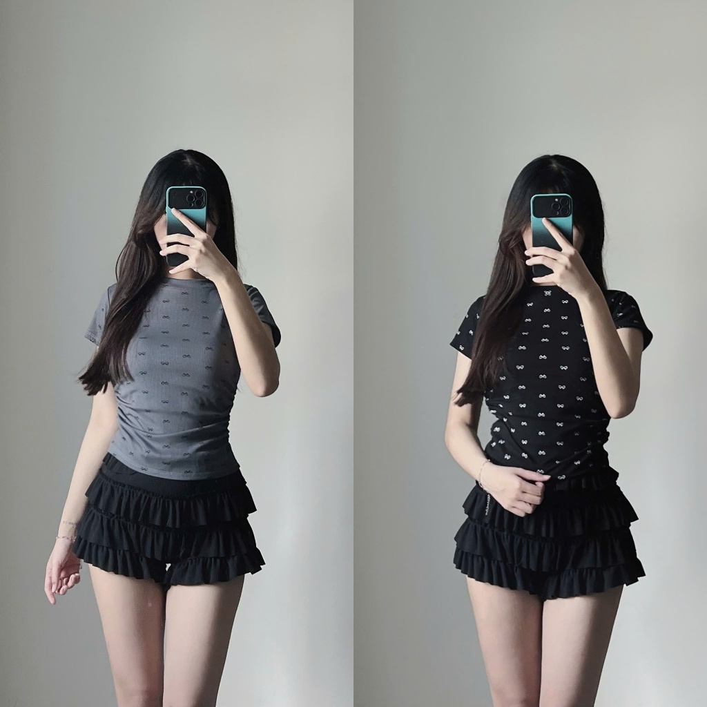 BARE_Áo thun cổ tròn ôm body in họa tiết nơ trẻ trung thiết kế nhún eo tôn dáng- A322