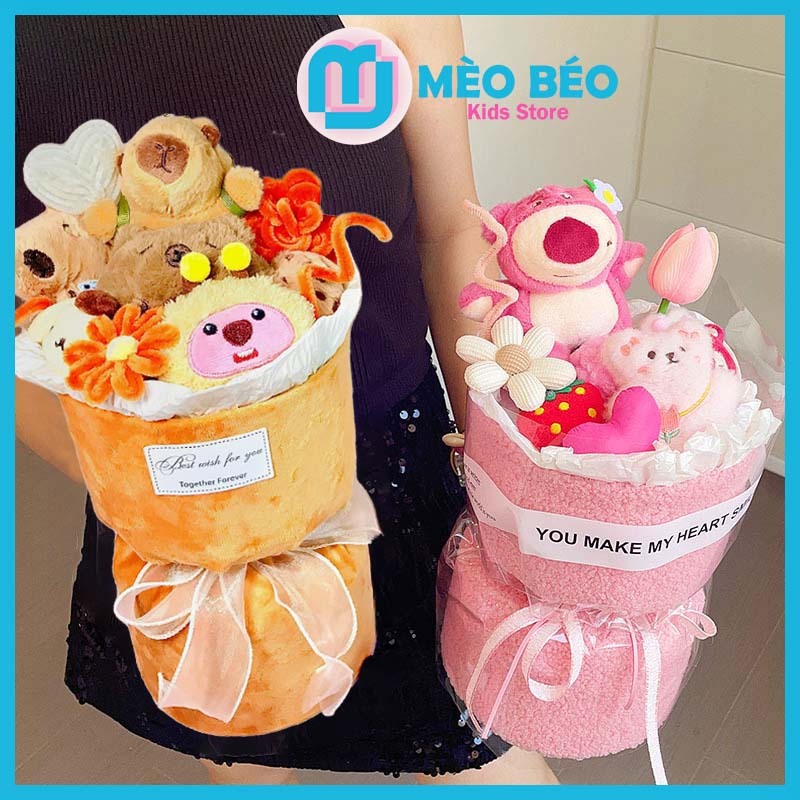 Bó Hoa Gấu Bông Hình Capybara, Gấu Dâu, Kuromi, Loopy Làm Quà Tặng - Mèo Béo Kids Store