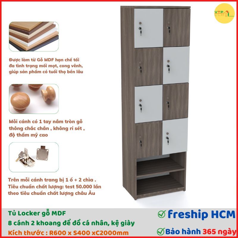 [FREESHIPHCM] Tủ Locker gỗ MDF 8C2K kèm kệ để giày dép