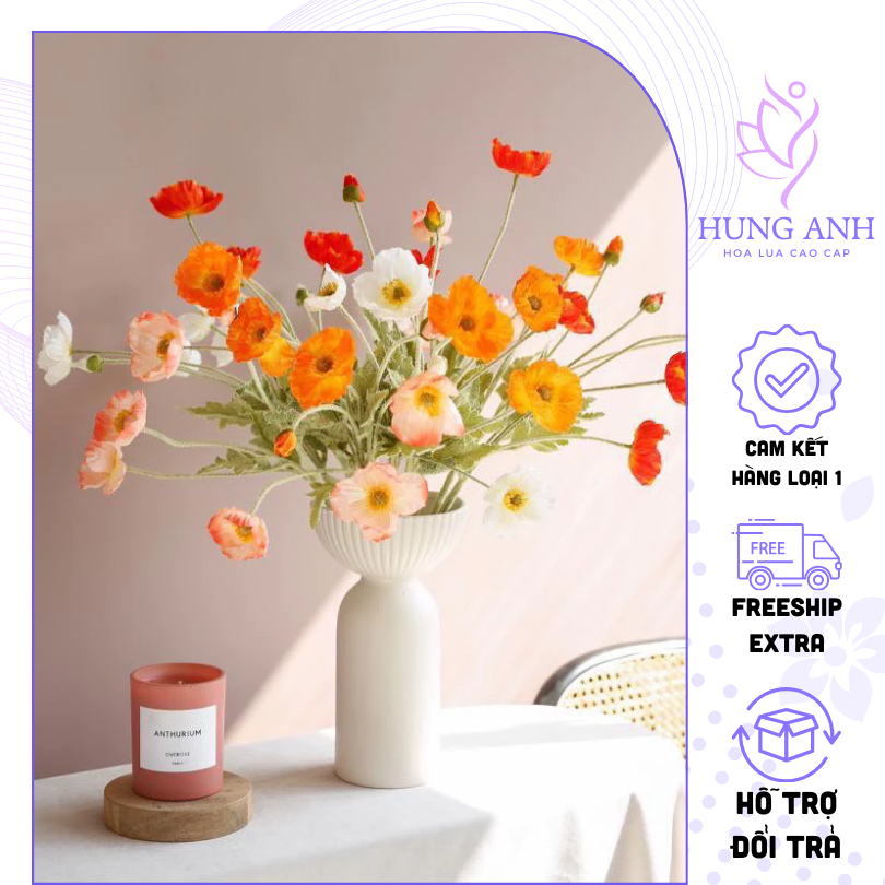 Hoa Kim Anh Lụa Cao Cấp - Hoa Anh Túc Nhỏ Dài 50cm - Hoa Poppy Trang Trí Nhà Cửa, Decor Phòng Khách