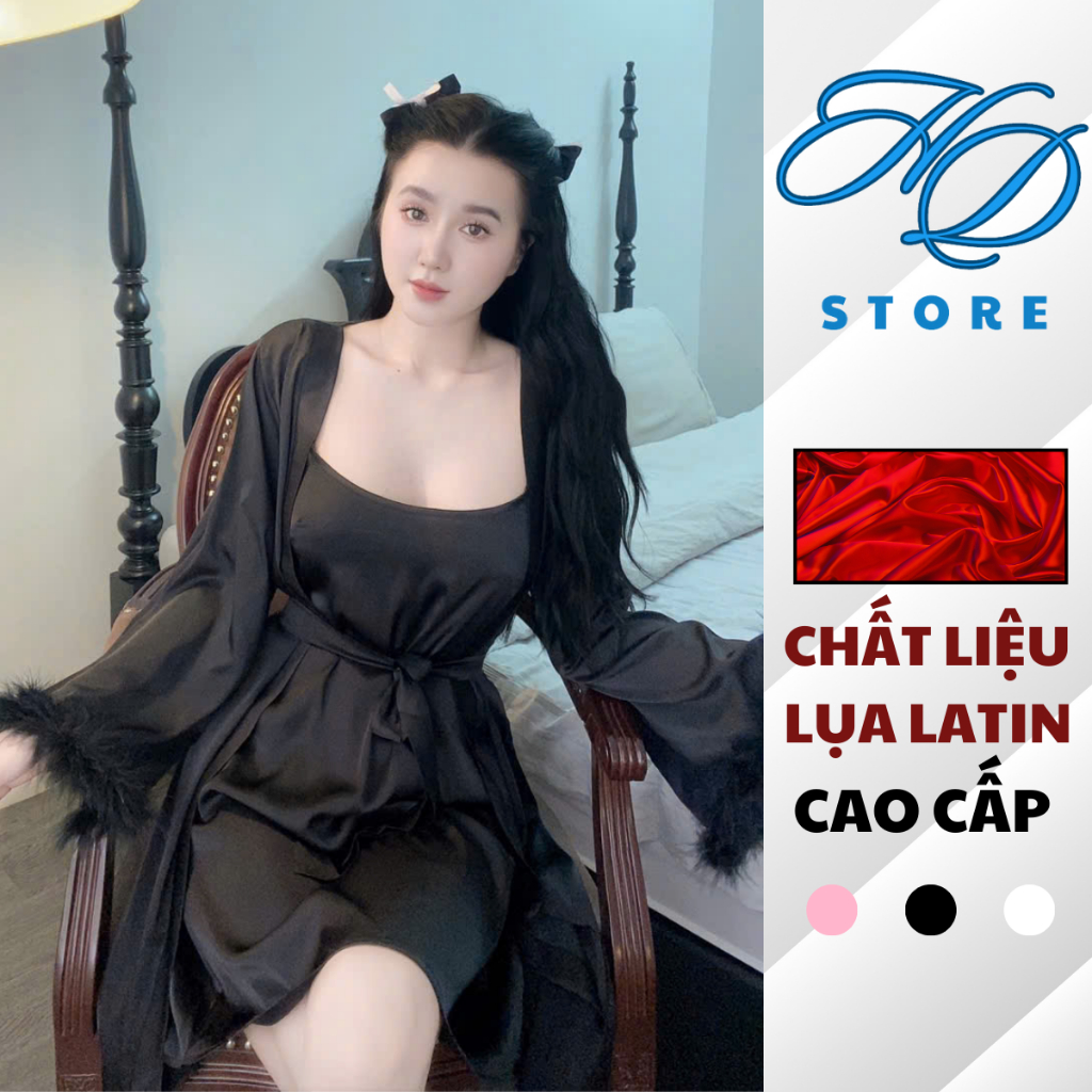 Đầm Ngủ Cao Cấp Áo 2 Dây Kèm Choàng Phối Lông Lụa Mịn Latin Váy Ngủ Freesize 40-58kg C2 - HD STORE