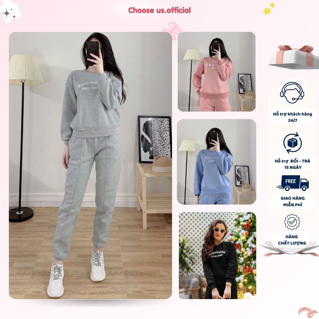 Bộ nỉ nữ thu đông chất vải nỉ bông, Set đồ nữ thu đông quần áo dài tay trẻ trung phong cách Hàn Quốc