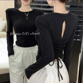 Áo Thun Tăm Cổ Tròn Dài Tay Phối Khoét Giọt Nước Sau Và Rút Dây Phong Cách TTMC0192