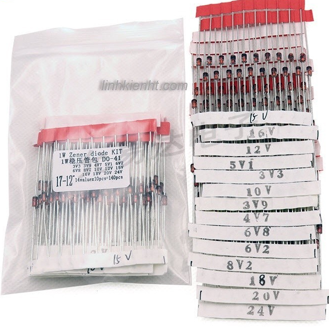 Gói diode Zener 1W (3V3-24V) thường được sử dụng 14 loại, mỗi loại 10 cái, tổng cộng 140 cái