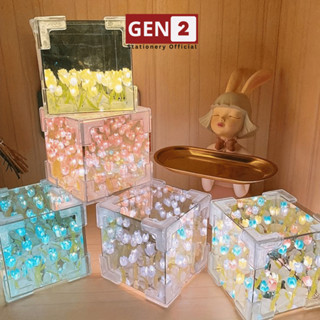 Đèn ngủ hoa tulip 21 bông Hộp vuông mini Tráng Gương để bàn Quà tặng dễ thương GEN2