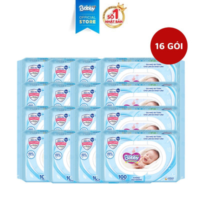 [KOL] Thùng 16 Gói Khăn ướt Bobby không mùi 100 miếng/gói (Xanh)