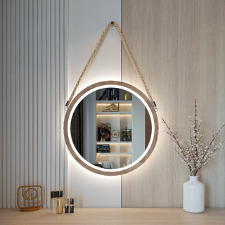  Gương DLQdecor Tròn Treo Tường Viền Gỗ Dây Thừng Có Led Cảm Ứng 3 Màu Tiện Lợi GDT01 
