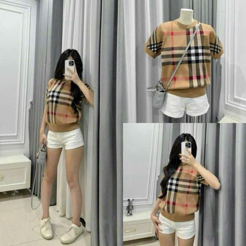 Áo len montogi cổ tròn kẻ bbr cộc tay