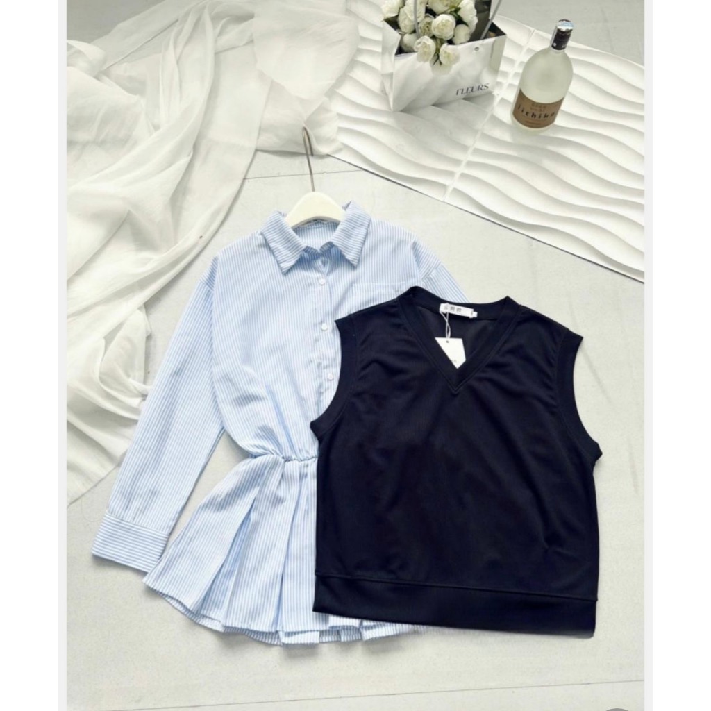 Set Váy Sơ Mi Kẻ Xanh Dài Tay Mix Áo Gile Len Tăm Xanh Than (Ảnh Thật Trải Sàn) Lollaye | BigBuy360 - bigbuy360.vn