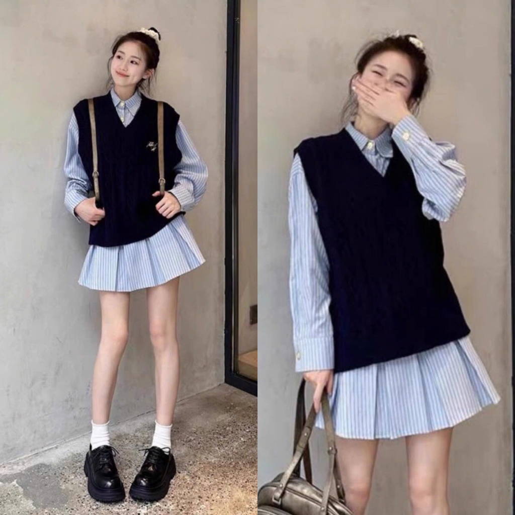 Set Váy Sơ Mi Kẻ Xanh Dài Tay Mix Áo Gile Len Tăm Xanh Than (Ảnh Thật Trải Sàn) Lollaye | BigBuy360 - bigbuy360.vn