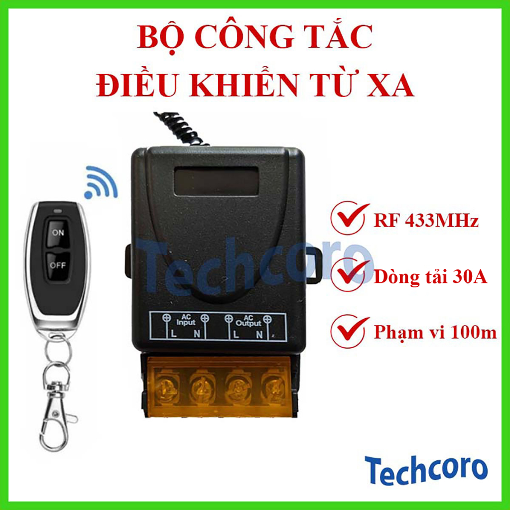Công tắc điều từ xa bằng sóng RF 433MHz 100m/ 3000W/30A/220V, remote sóng RF 433MHz dùng cho máy bơm