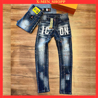 Quần jean nam DSQ 2 đáy chẻ thân phối khoá lệch vàng hoạ tiết I.CON mẫu mới trẻ trung hàng quảng châu cao cấp