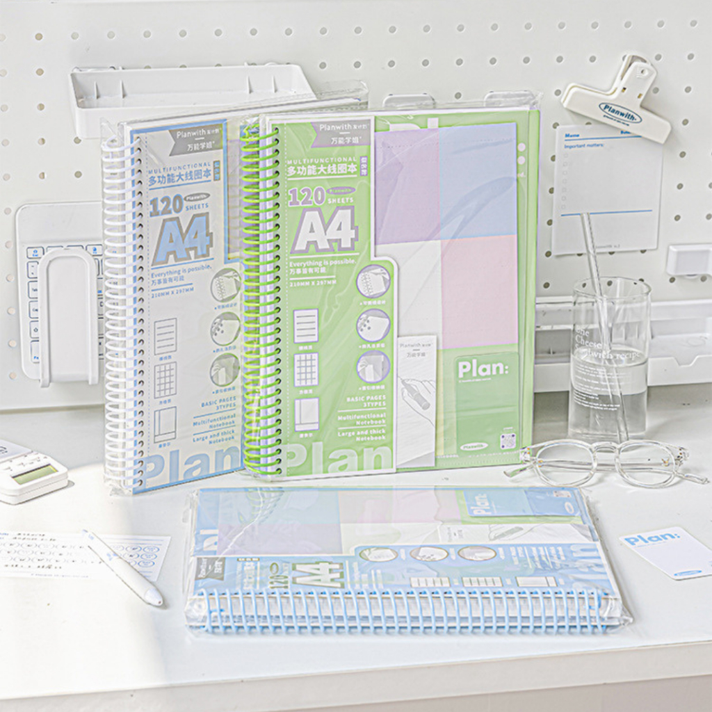 Sổ Lò Xo A4 PLANWITH Multifunctional 240 Trang Giấy Grid+Line+Cornell Có Đường Pre-cut & Sẵn Lỗ Còng