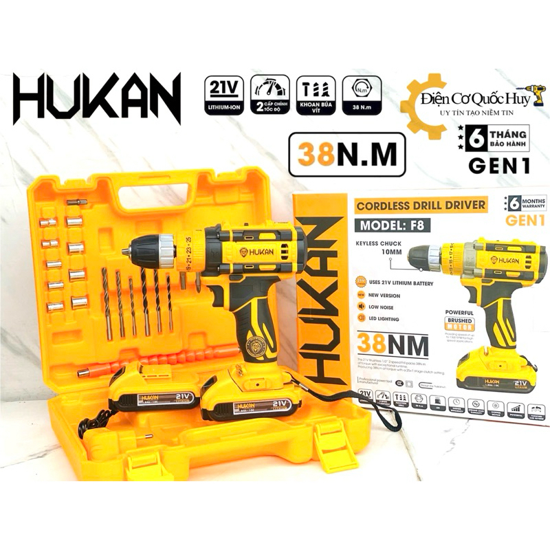 Máy khoan pin Hukan f8 3 chức năng chính hãng 2 pin có đèn báo dung lượng