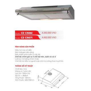 Máy Khử Mùi CANZY CZ C506i / C507i . KT 600mm / 700mm, Công suất 750m3/h