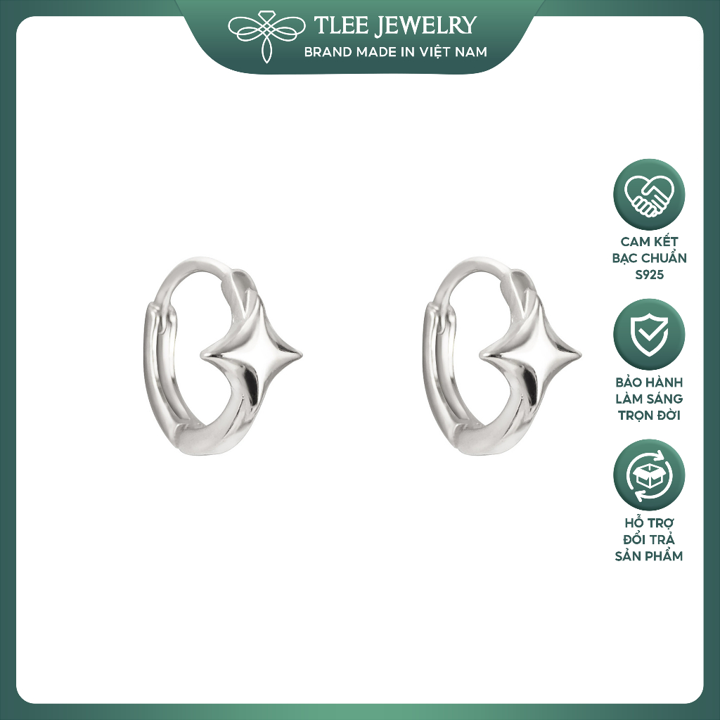 Khuyên tai bạc unisex TLEE tròn bấm trơn hình ngôi sao bốn cánh cá tính TLEEJEWELRY B0529