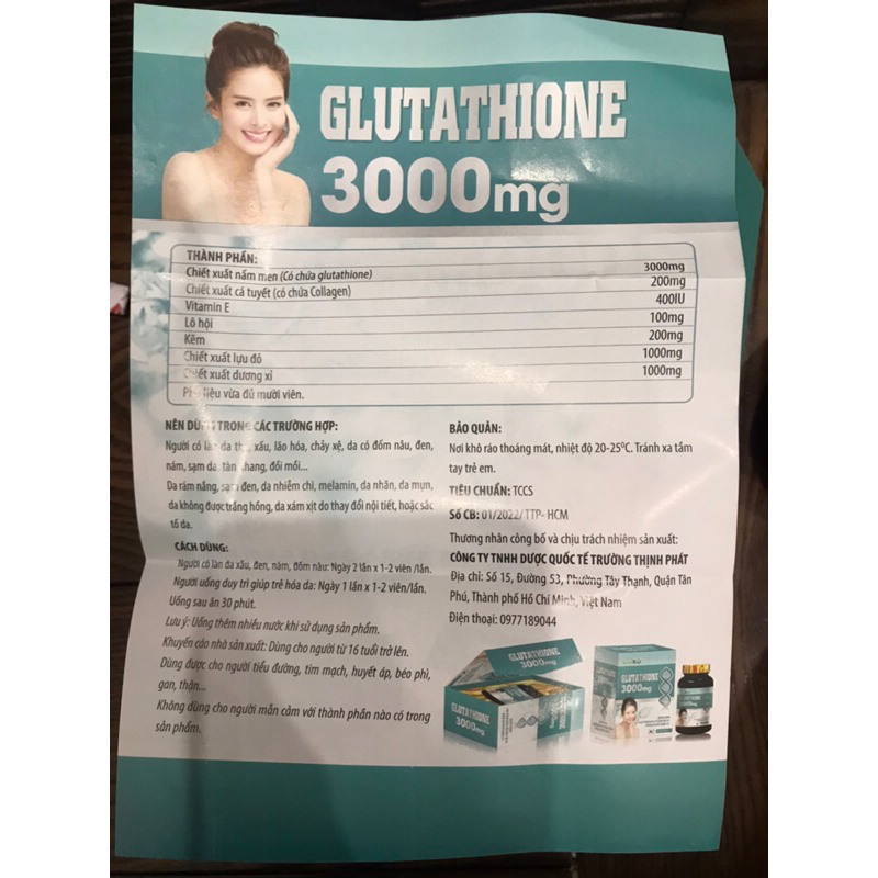 Viên uống trắng da glutathione 3000mg dưỡng trắng giúp trắng da cấp tốc, nâng tông, hết nám, tàn nhang hiệu quả