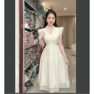 Đầm xòe dáng dài chất voan tơ cổ phối bèo xinh xắn