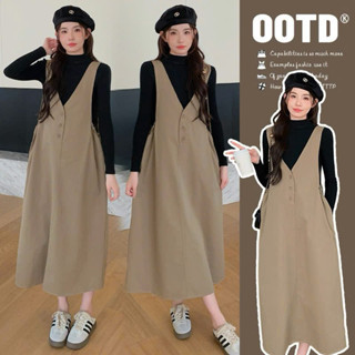 Váy bầu thu đông đẹp Sét yếm bầu công sở cho mẹ bầu thiết kế gồm Yếm Kèm Áo Tăm Dài Tay SY11 Set váy bầu trẻ trung